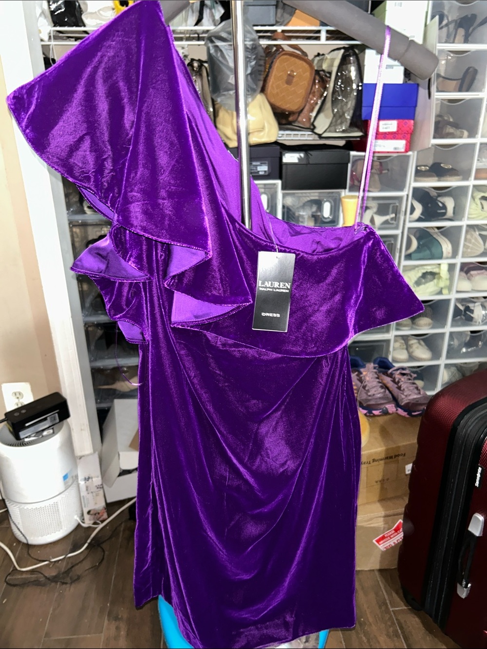 Ralph Lauren Purple Velvet One-Shoulder Ruffle Dress